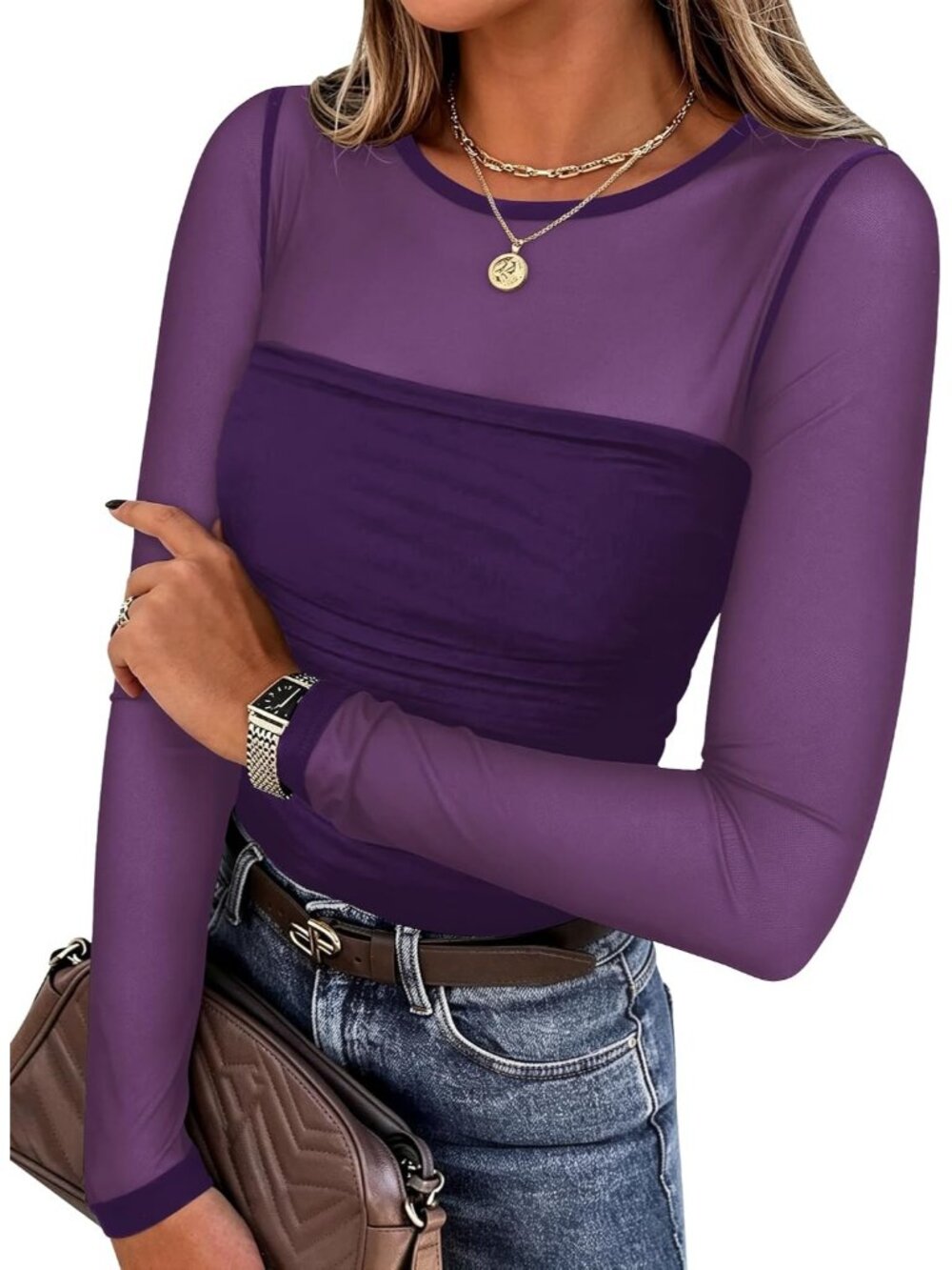 Womens Purple Sheer Mesh Round Neck Long Sleeve Plain Hem Slim Dressy Blouse Top